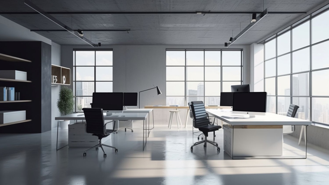 Ett rymligt, minimalistiskt öppet kontorslandskap med vita skrivbord, moderna svarta datorskärmar och ergonomiska kontorsstolar. Utrymmet har industriella designelement som exponerat betongtak, spårbelysning och stora fönster som ger rikligt med dagsljus. En liten växt tillför grönska.